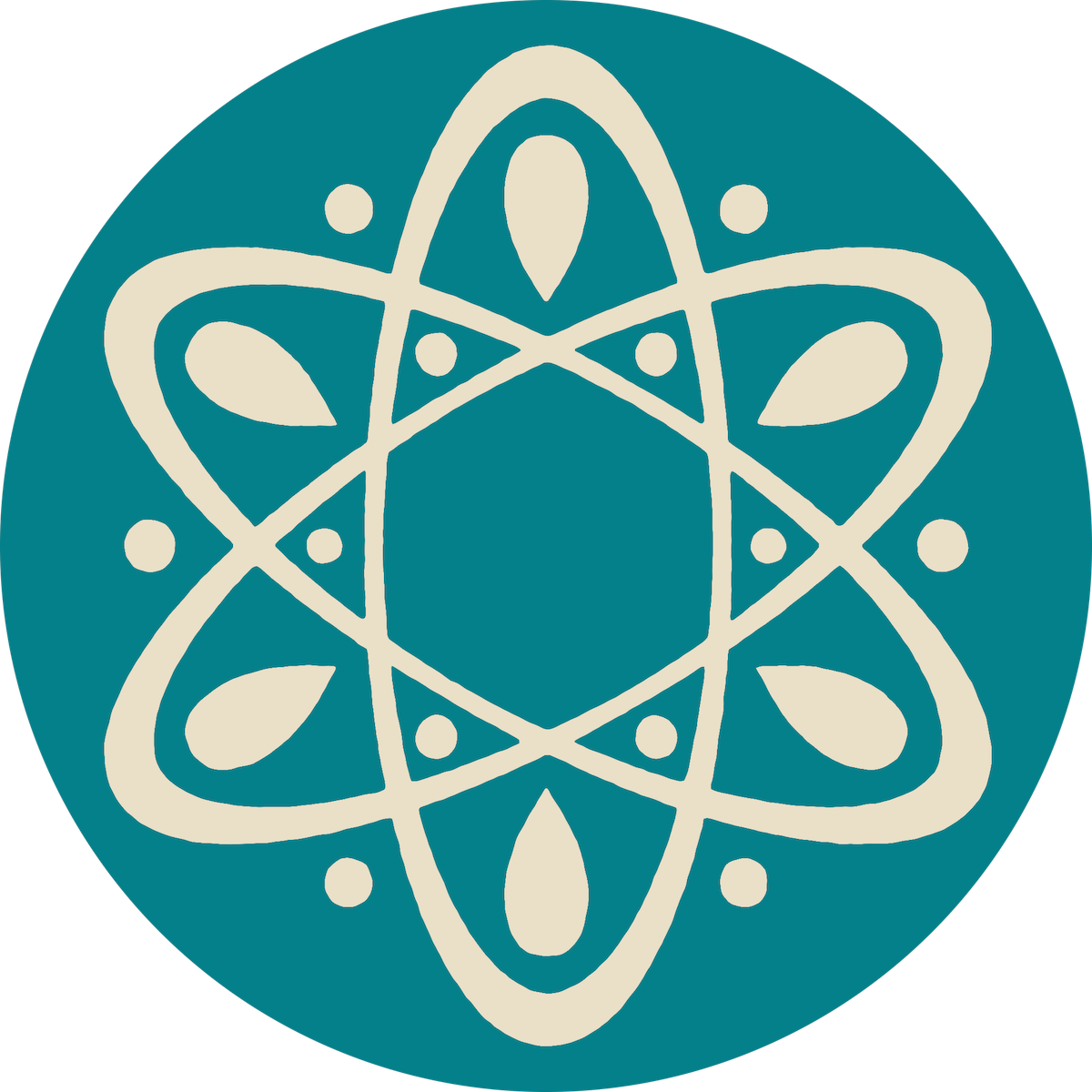 A stylized beige atomic symbol with intersecting orbits and dots inside a teal circle, resembling a scientific or technology-related icon.