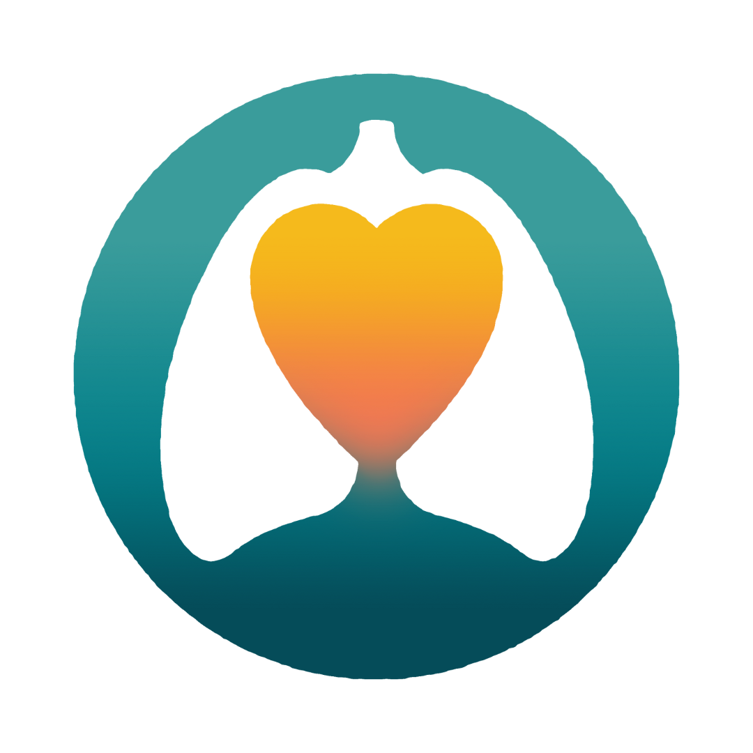 A stylized image of a heart shape in warm colors centered within the outline of human lungs, all enclosed in a teal circular border.