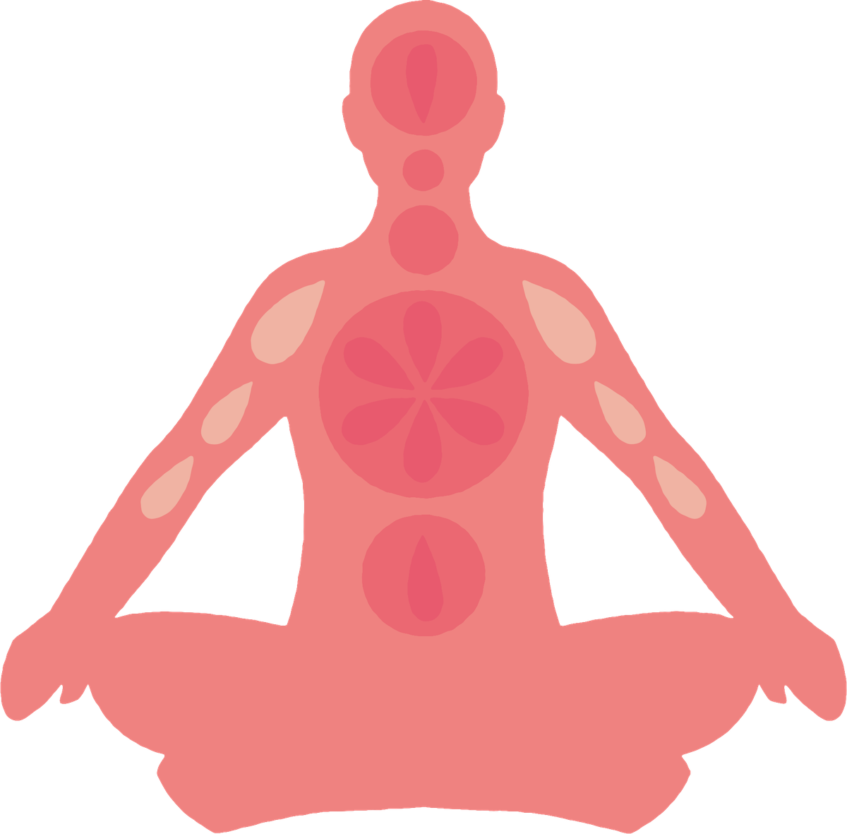 A stylized illustration of a seated human figure in a cross-legged position, with various abstract shapes and circles on the head, chest, arms, and torso, suggesting energy centers or chakras.