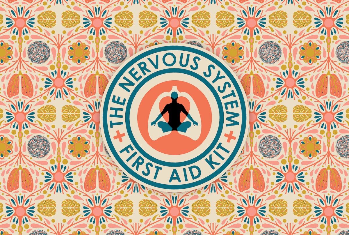 A circular logo with a person meditating in the center and the text “The Nervous System First Aid Kit” surrounded by a colorful, symmetrical pattern resembling nerves, cells, and brain-like shapes.