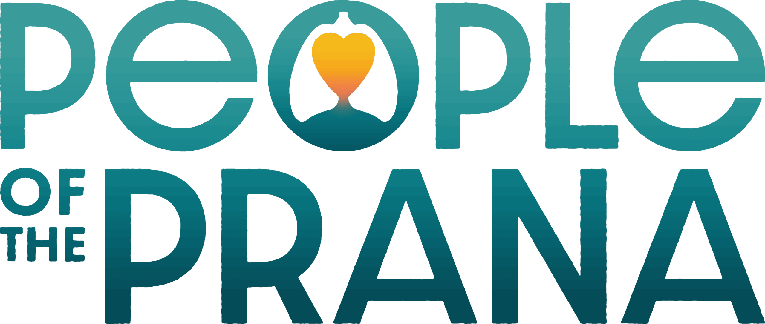 Logo with the words “People of the Prana.” The letter “O” in “People” contains a silhouette of a person with a yellow heart at chest level, shaded in teal and blue tones.