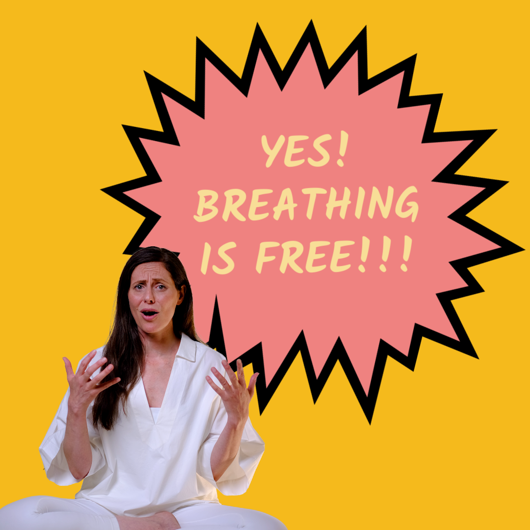 A woman in white sits with her hands raised and an expressive face in front of a yellow background. Behind her, a pink starburst shape displays the text, “YES! BREATHING IS FREE!!!” in large white letters.