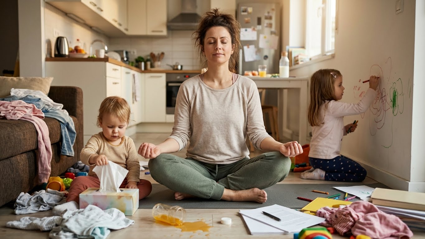 A woman sits cross-legged meditating on the floor of a cluttered living room while a toddler plays with tissues and a child draws on the wall in the background. Household items and toys are scattered around.